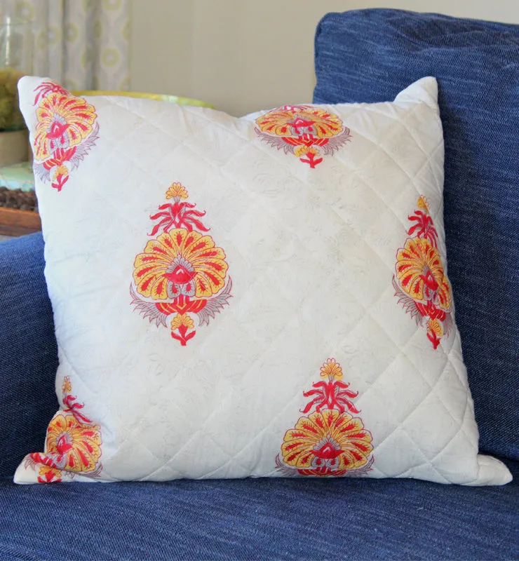 Red and Yellow Floral Quilted Throw Pillow Cover