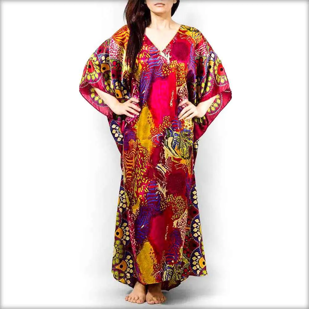 Red Printed Satin V-Neck Kaftan