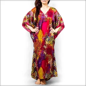 Red Printed Satin V-Neck Kaftan