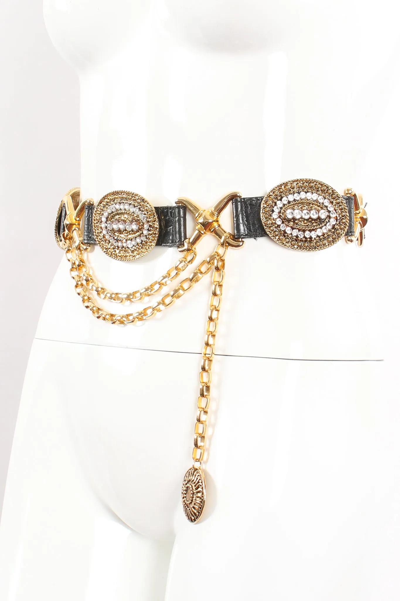 Rhinestone Medallion Draped Chain Leather Belt