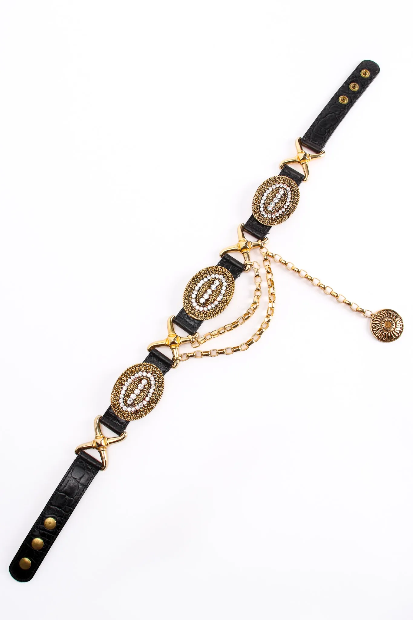 Rhinestone Medallion Draped Chain Leather Belt
