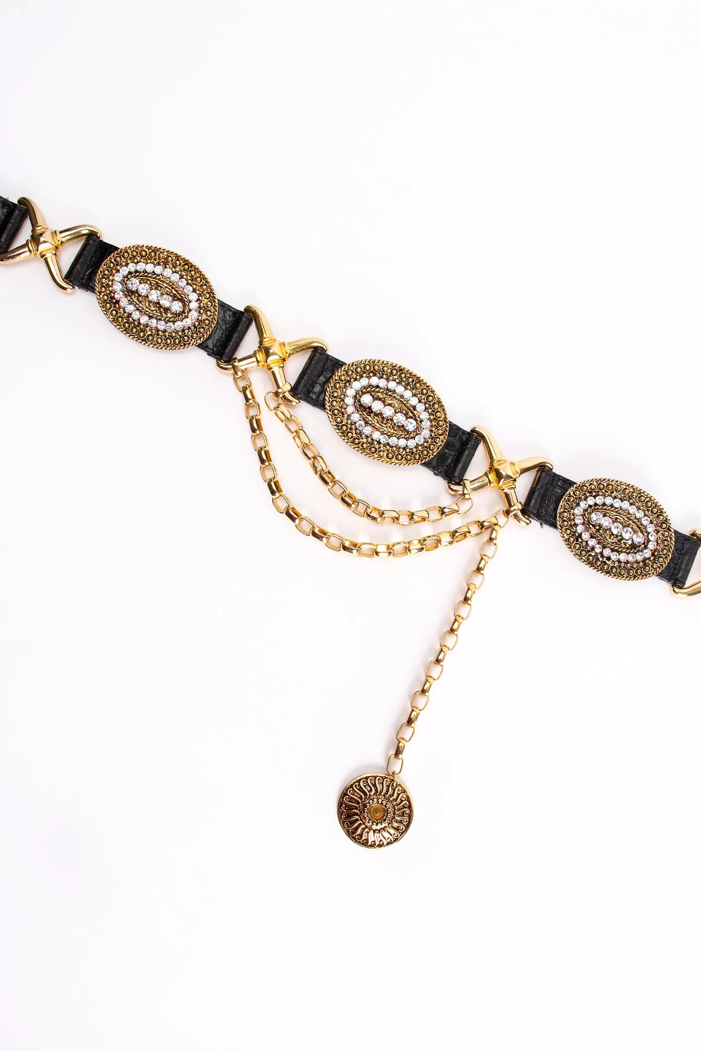 Rhinestone Medallion Draped Chain Leather Belt