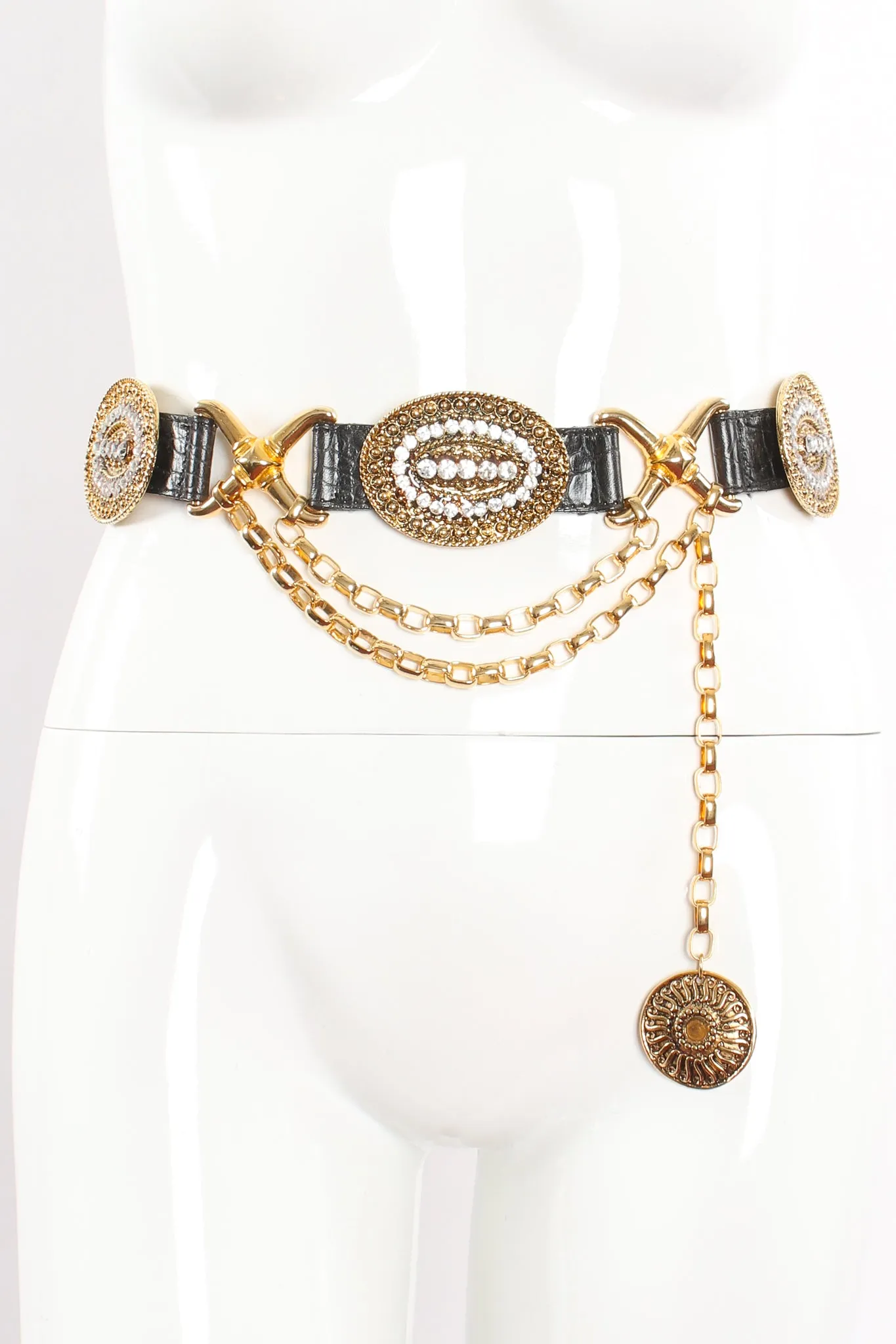 Rhinestone Medallion Draped Chain Leather Belt