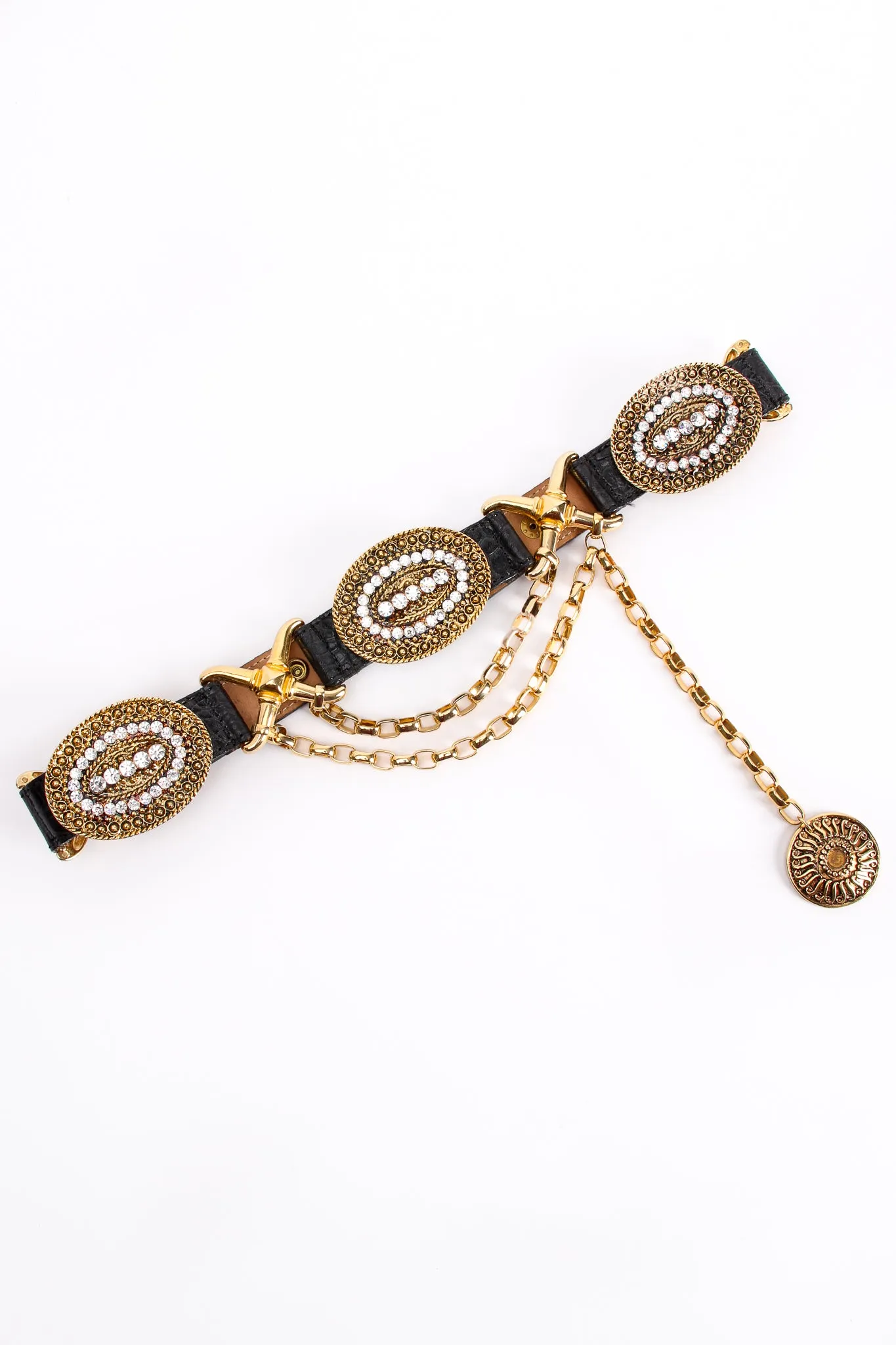 Rhinestone Medallion Draped Chain Leather Belt
