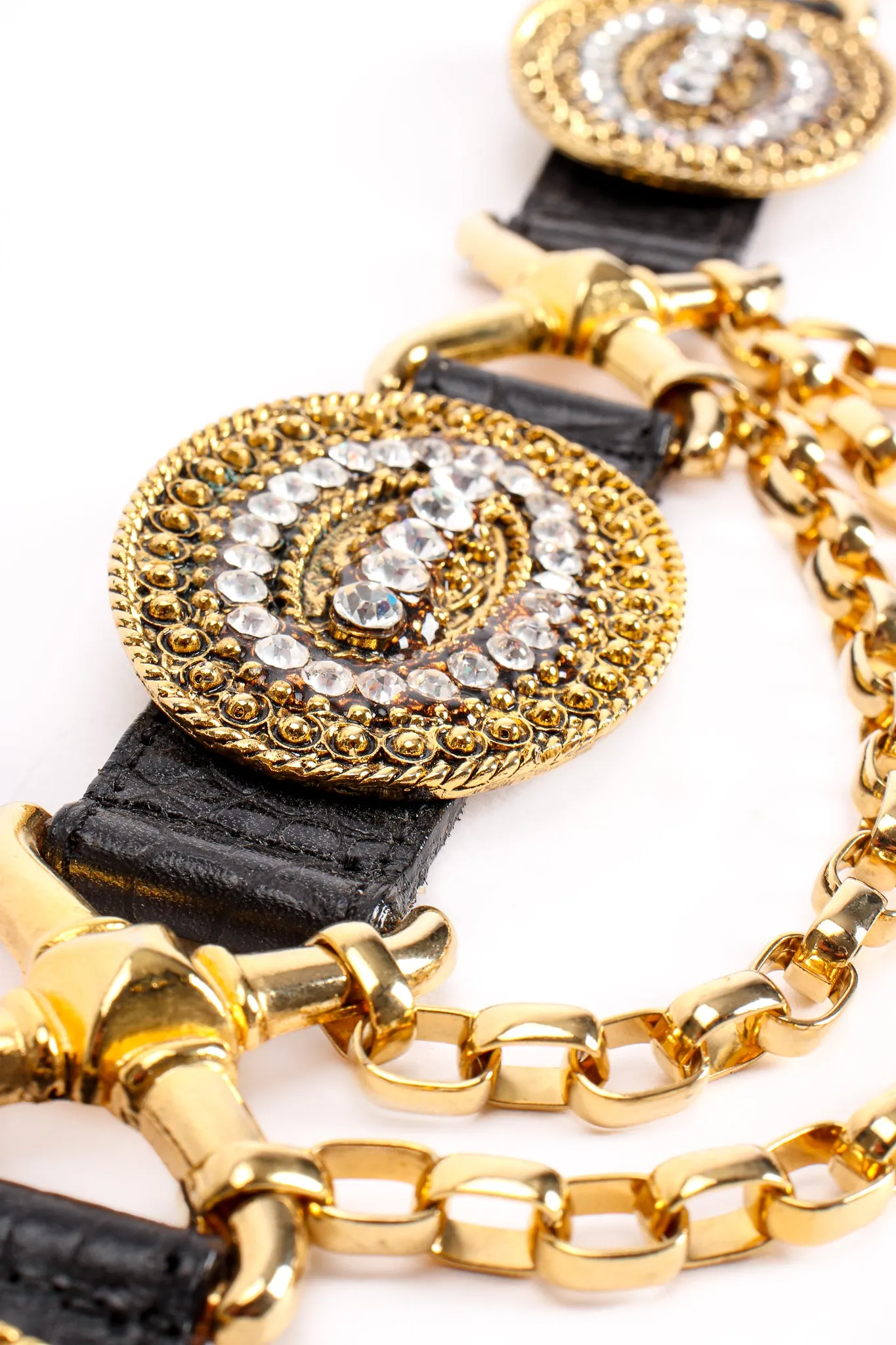 Rhinestone Medallion Draped Chain Leather Belt