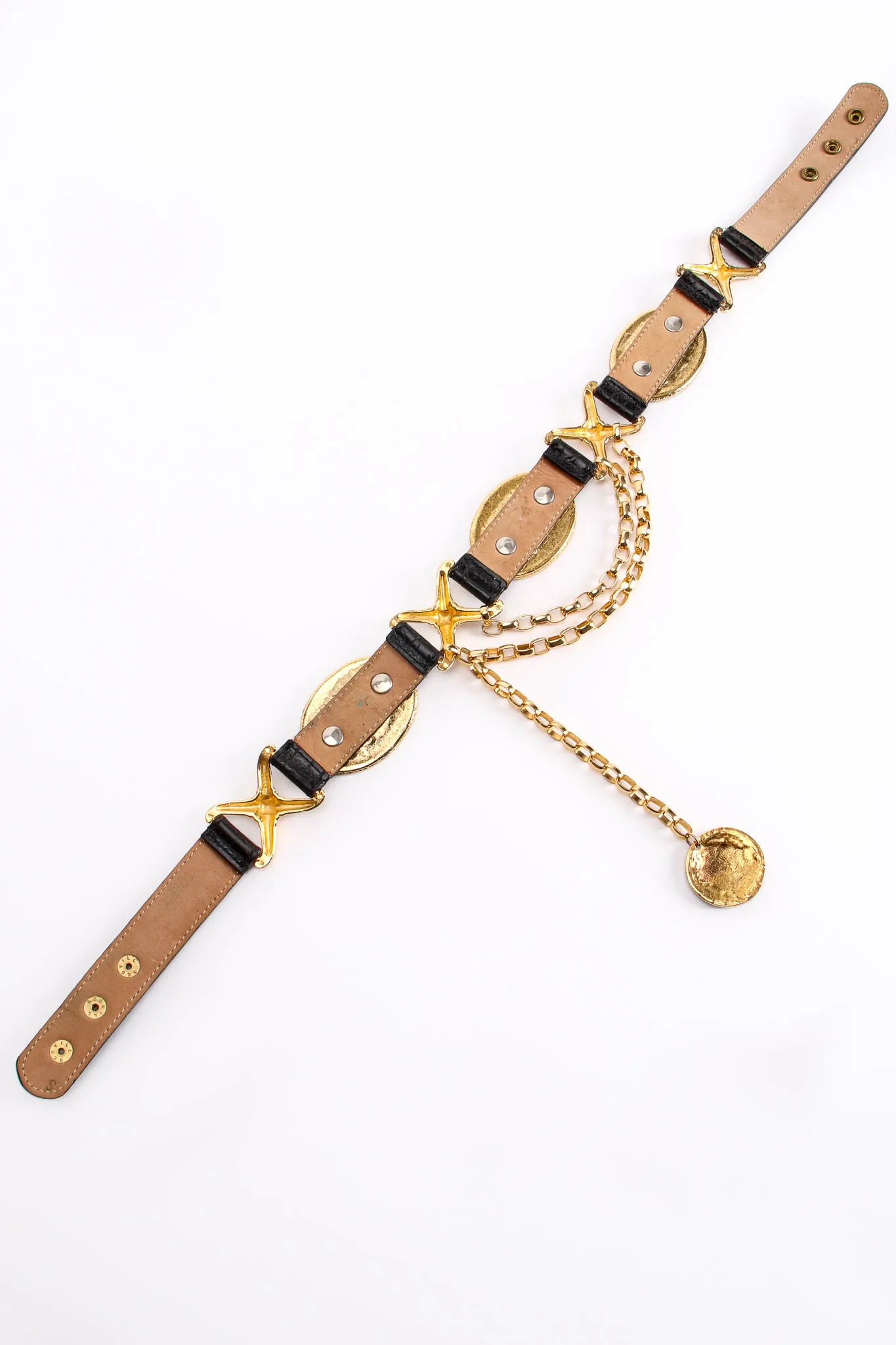 Rhinestone Medallion Draped Chain Leather Belt