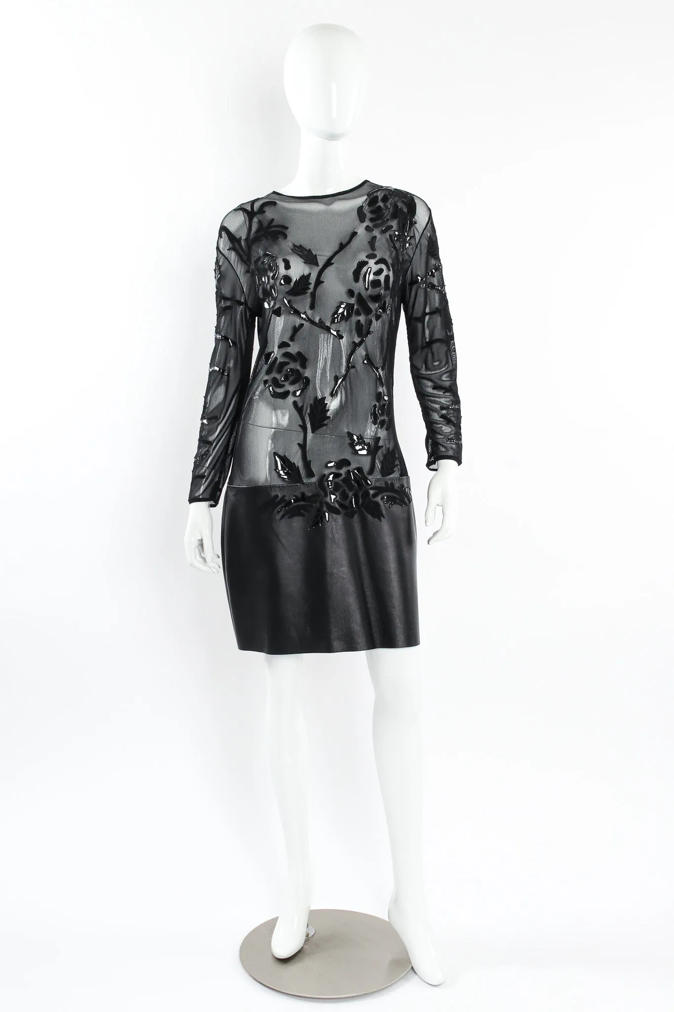 Rose Appliqué Leather Sheer Dress