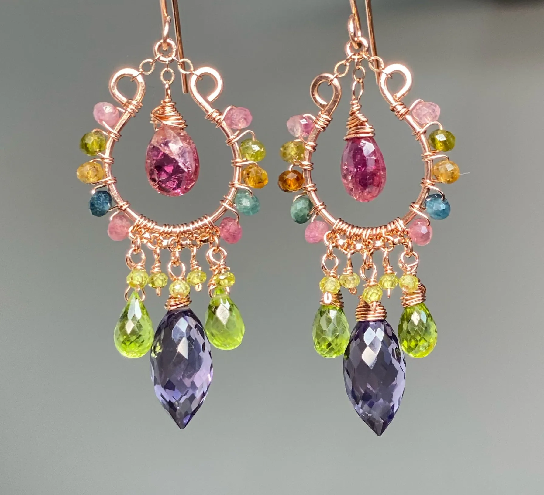 Rose Gold Chandelier Earrings: Pink Tourmaline, Peridot, Amethyst