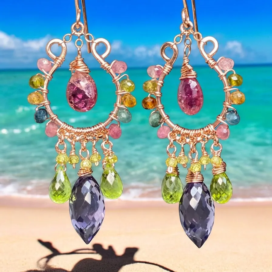 Rose Gold Chandelier Earrings: Pink Tourmaline, Peridot, Amethyst