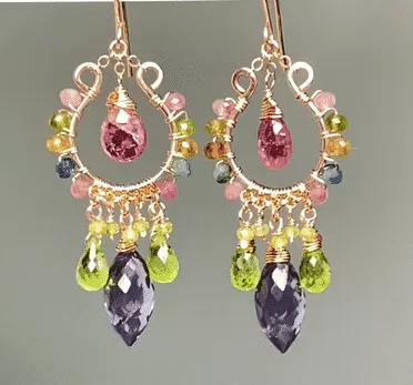 Rose Gold Chandelier Earrings: Pink Tourmaline, Peridot, Amethyst