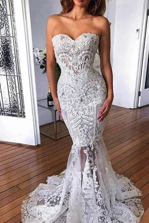 Roycebridal Elegant Lace Mermaid Open Back Beaded Long Wedding Dresses with Appliques,MW403