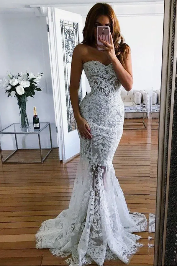Roycebridal Elegant Lace Mermaid Open Back Beaded Long Wedding Dresses with Appliques,MW403