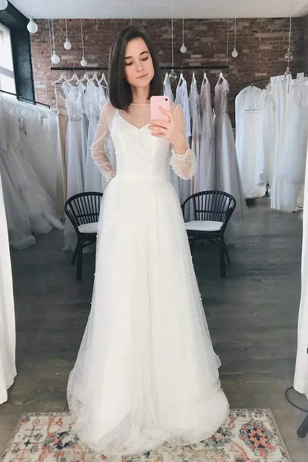 Roycebridal Ivory Tulle A-line Scoop Long Sleeves Beaded Bohemian Wedding Dresses, MW859