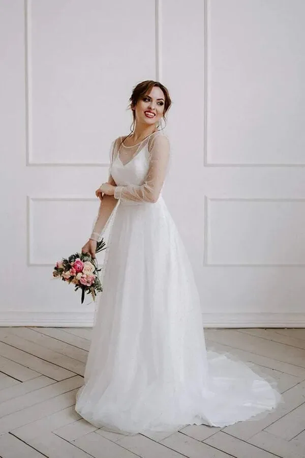 Roycebridal Ivory Tulle A-line Scoop Long Sleeves Beaded Bohemian Wedding Dresses, MW859