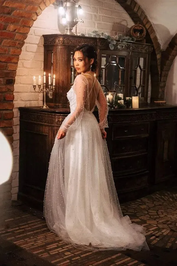 Roycebridal Ivory Tulle A-line Scoop Long Sleeves Beaded Bohemian Wedding Dresses, MW859