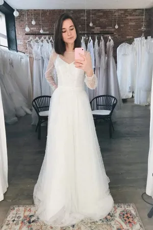 Roycebridal Ivory Tulle A-line Scoop Long Sleeves Beaded Bohemian Wedding Dresses, MW859