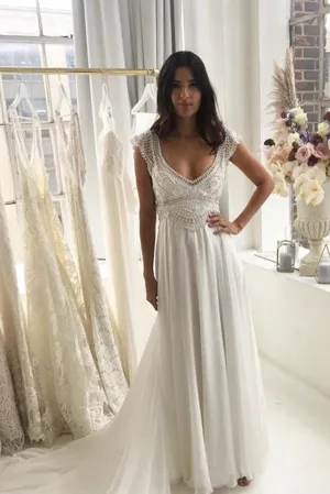 Roycebridal Lace Beaded V-neck A-line Chiffon Skirt A Line Sweep Train Wedding Dresses,MW366