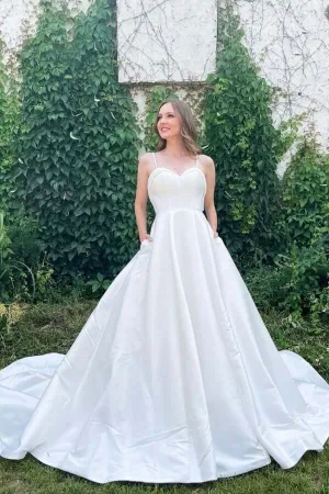 Roycebridal Simple White A-line Satin Spaghetti Straps Sweetheart Neck Wedding Dresses, MW757