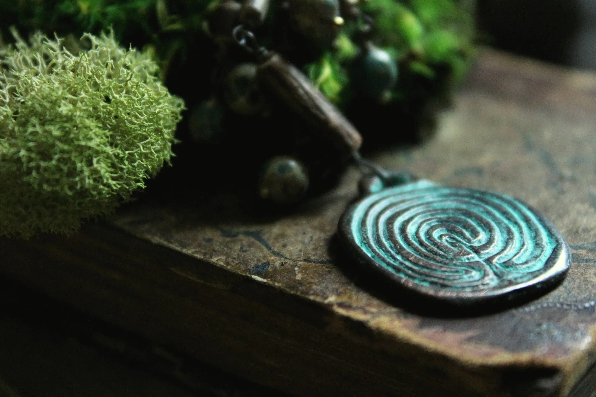 Serpens Hedge Maze. Storyteller Series. Rustic Jasper, Wood & Labyrinth Pendant Necklace.