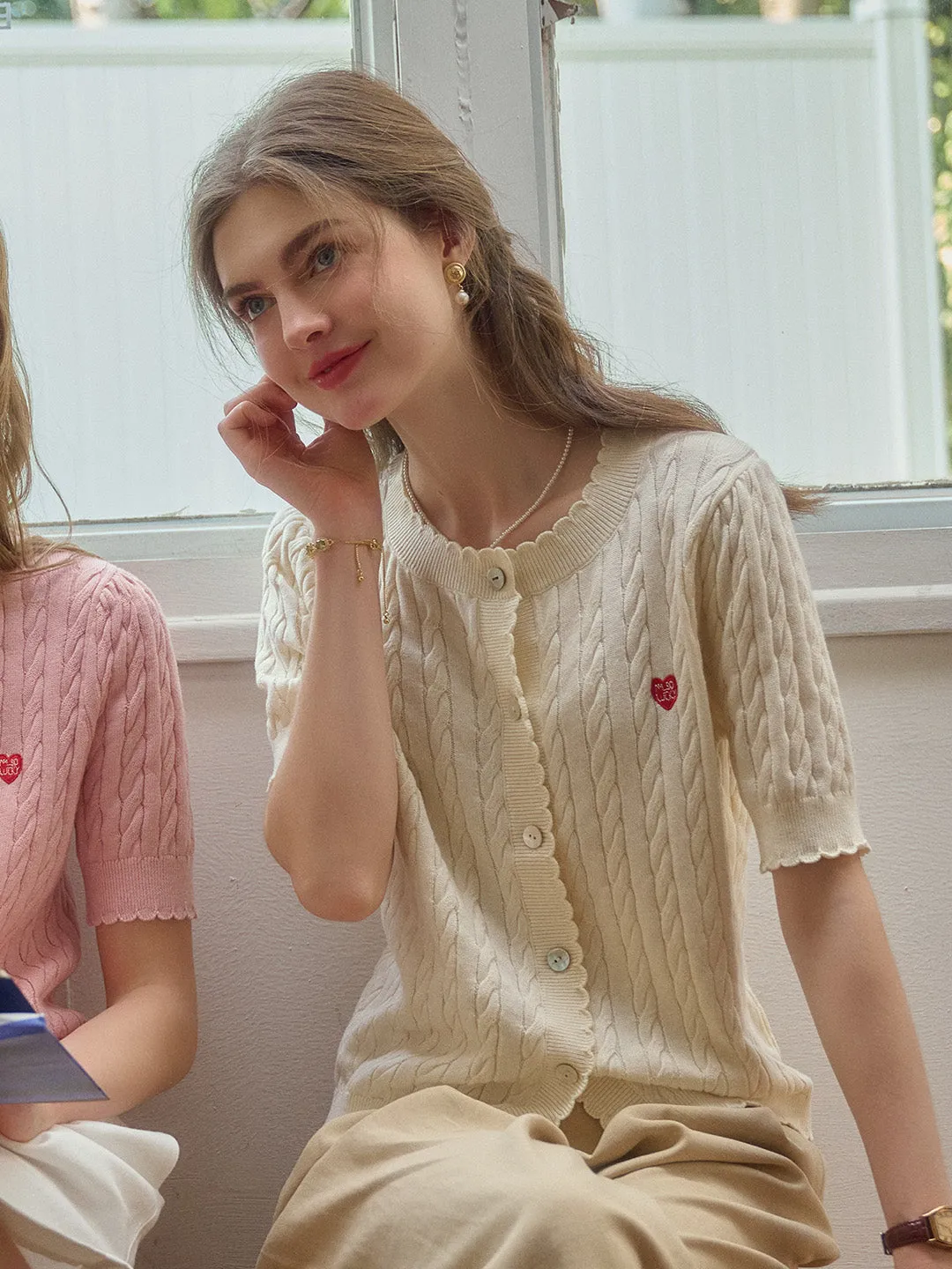 Siena Wave Neck Knit Wool Cardigan - Pink