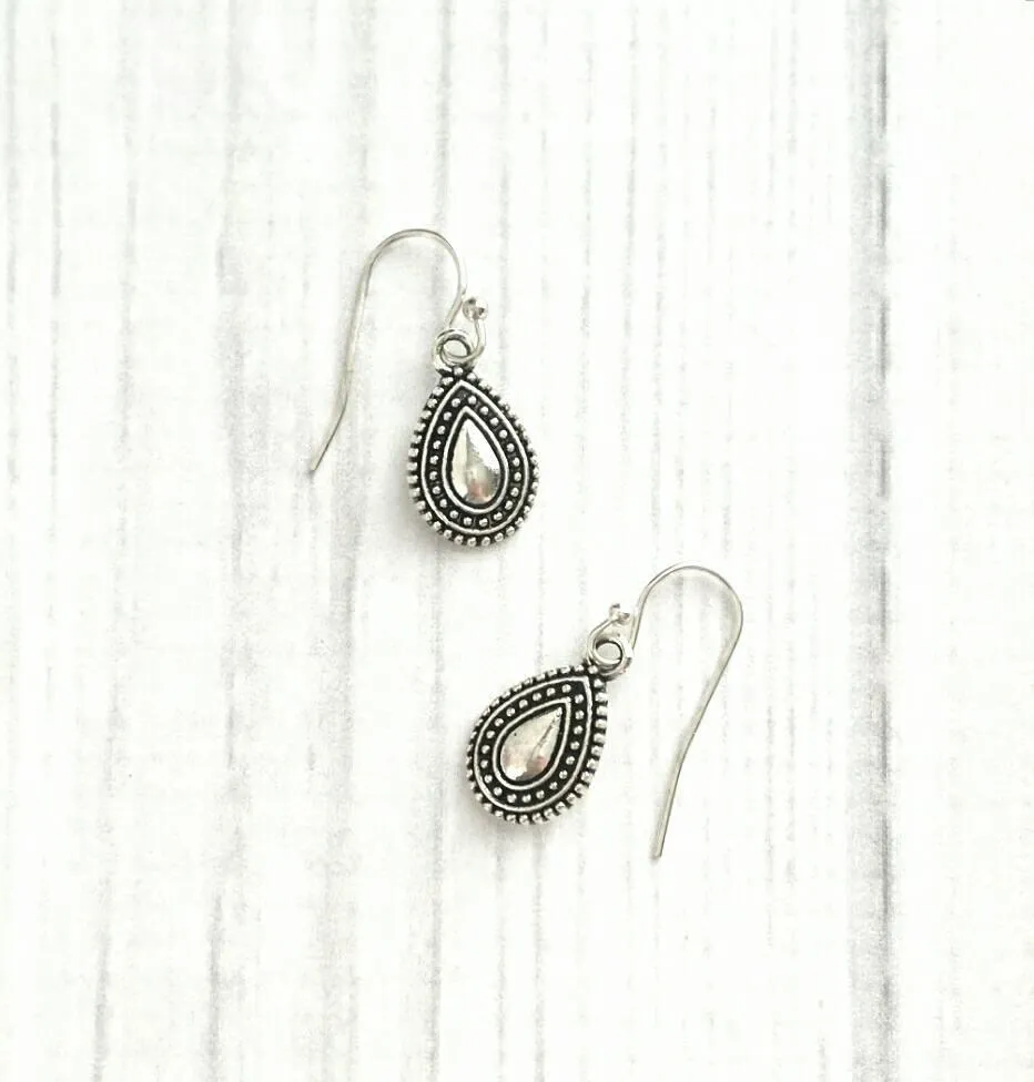 Small Silver Drop Earrings, antique silver earring, little silver dangle, dangle earring, silver with black accent, oxidized silver earring, Bali beaded ethnic design, ball dot edge, Boho Bohemian teardrop earring