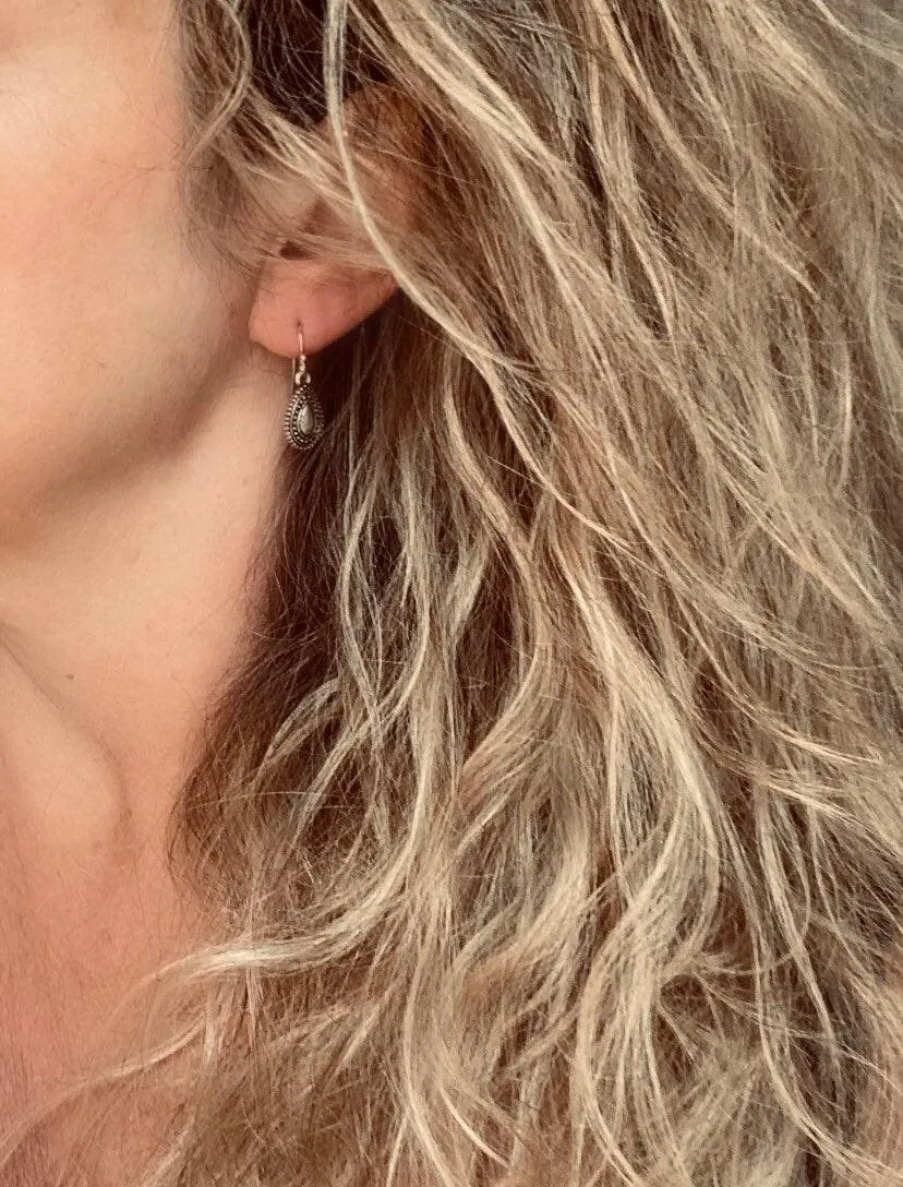 Small Silver Drop Earrings, antique silver earring, little silver dangle, dangle earring, silver with black accent, oxidized silver earring, Bali beaded ethnic design, ball dot edge, Boho Bohemian teardrop earring