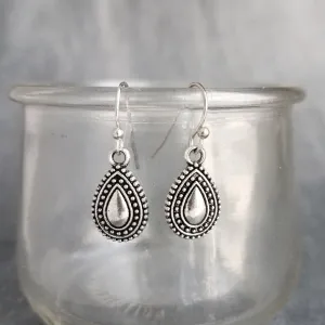 Small Silver Drop Earrings, antique silver earring, little silver dangle, dangle earring, silver with black accent, oxidized silver earring, Bali beaded ethnic design, ball dot edge, Boho Bohemian teardrop earring
