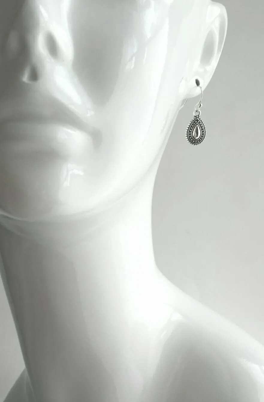 Small Silver Drop Earrings, antique silver earring, little silver dangle, dangle earring, silver with black accent, oxidized silver earring, Bali beaded ethnic design, ball dot edge, Boho Bohemian teardrop earring