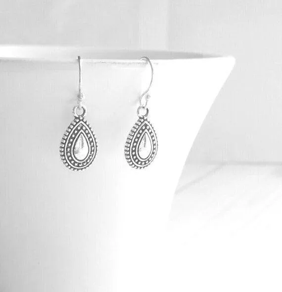 Small Silver Drop Earrings, antique silver earring, little silver dangle, dangle earring, silver with black accent, oxidized silver earring, Bali beaded ethnic design, ball dot edge, Boho Bohemian teardrop earring