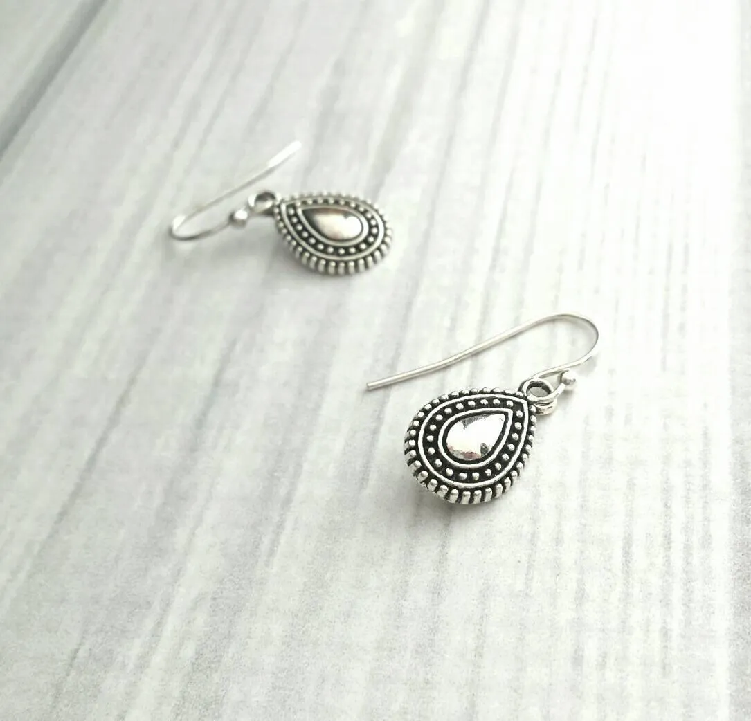 Small Silver Drop Earrings, antique silver earring, little silver dangle, dangle earring, silver with black accent, oxidized silver earring, Bali beaded ethnic design, ball dot edge, Boho Bohemian teardrop earring