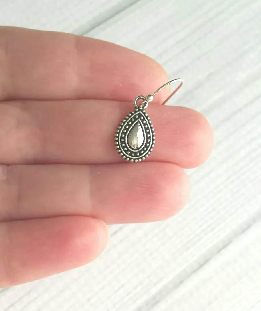 Small Silver Drop Earrings, antique silver earring, little silver dangle, dangle earring, silver with black accent, oxidized silver earring, Bali beaded ethnic design, ball dot edge, Boho Bohemian teardrop earring
