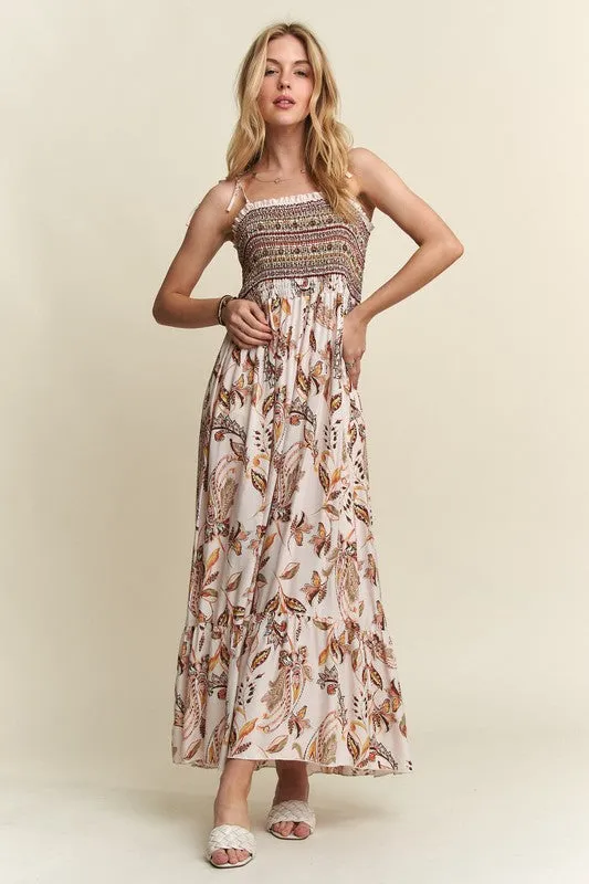 Smocked Printed Square Neck Tie Shoulder Cami Dress