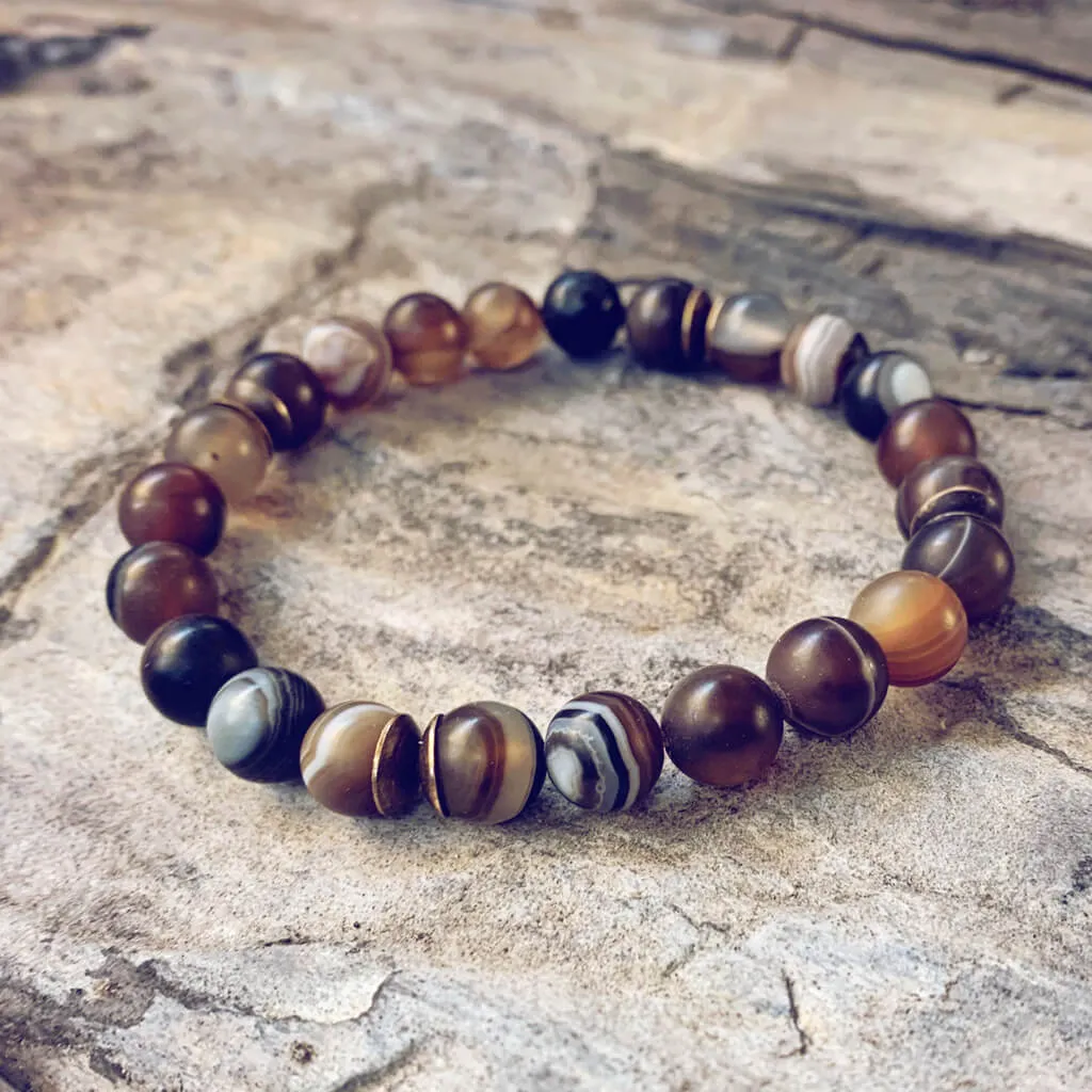 stability II // brown line agate and natural brass mala bead bracelet