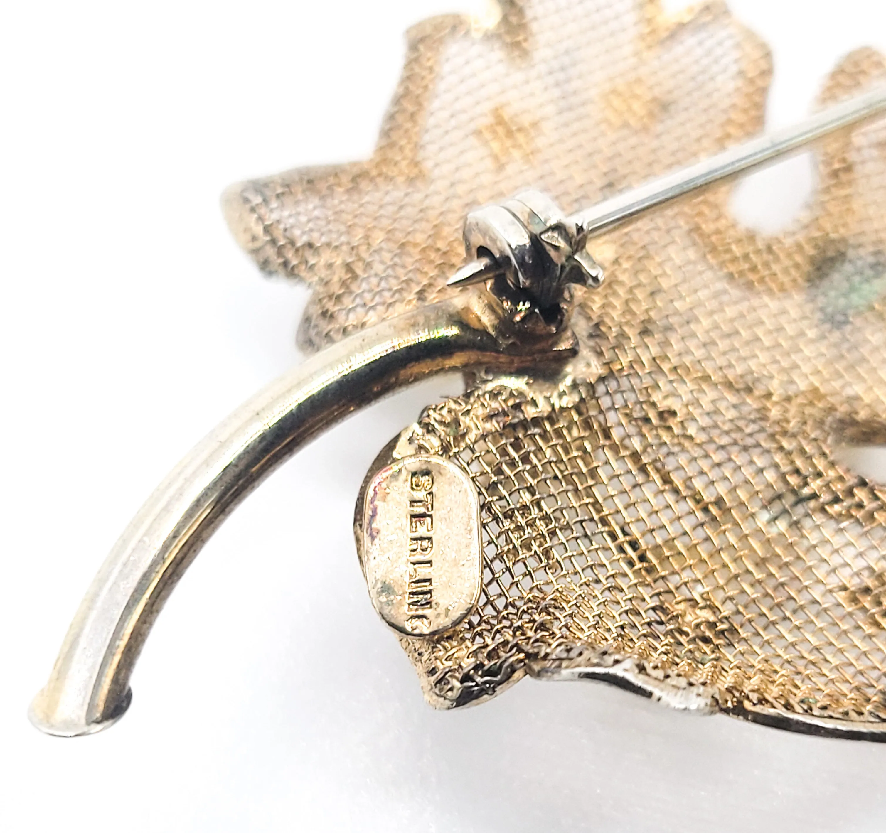 Star Studded faux pearl gold over sterling silver vintage autumn fall leaf brooch