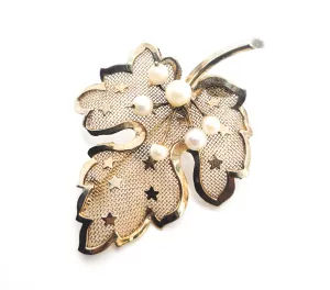 Star Studded faux pearl gold over sterling silver vintage autumn fall leaf brooch
