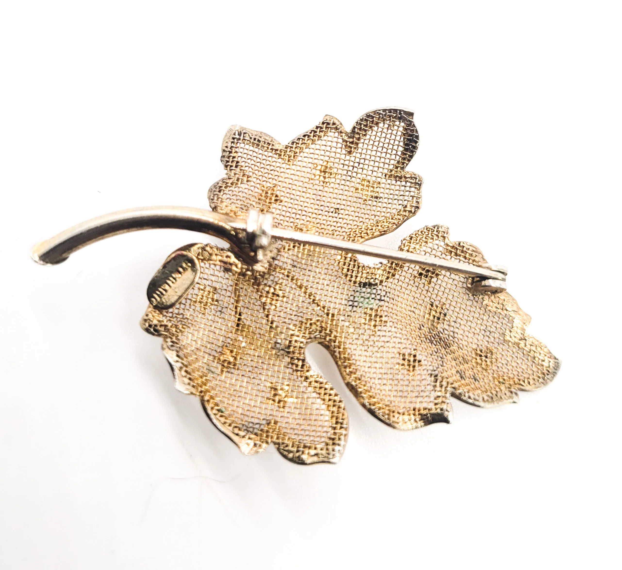 Star Studded faux pearl gold over sterling silver vintage autumn fall leaf brooch