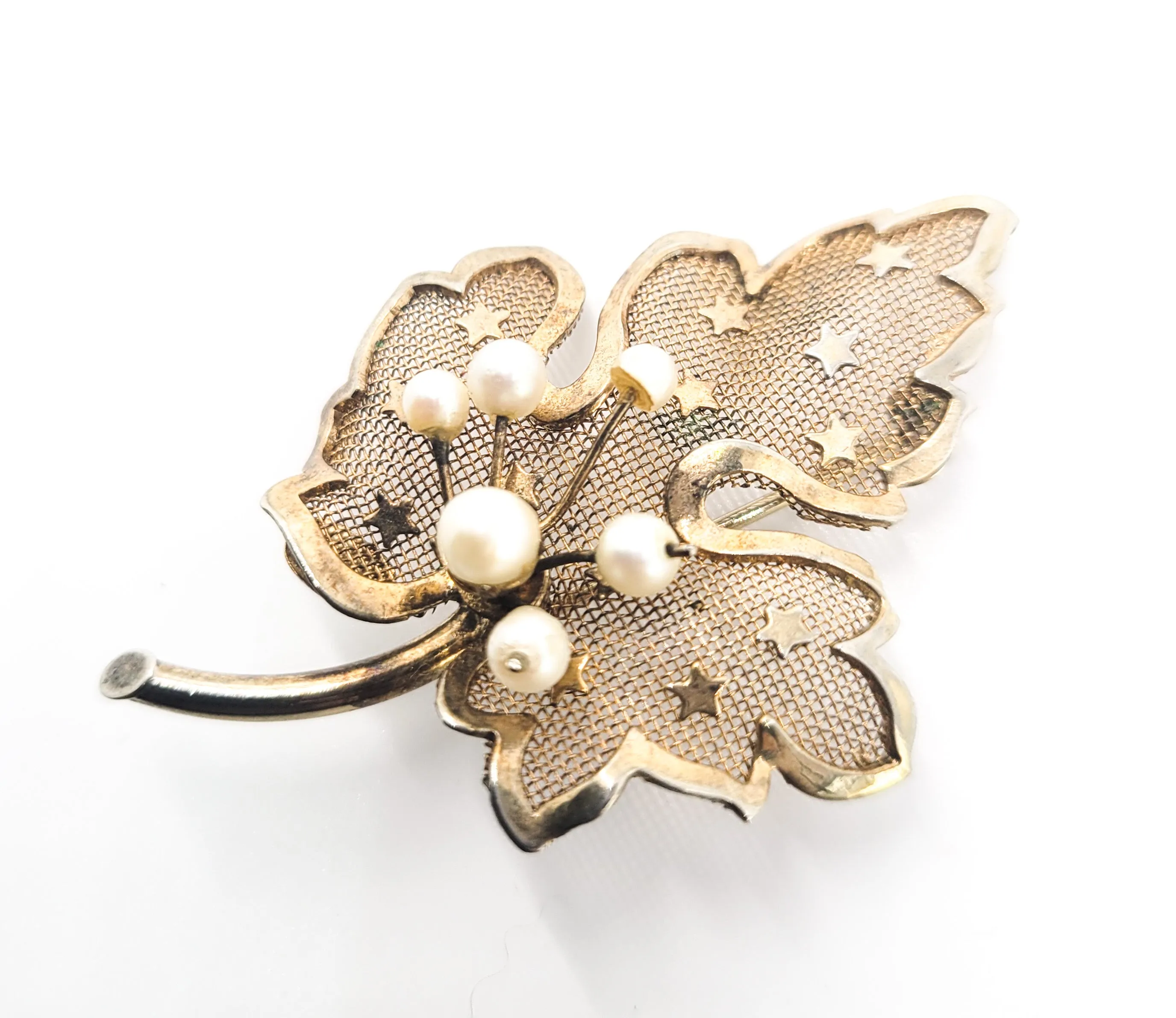 Star Studded faux pearl gold over sterling silver vintage autumn fall leaf brooch