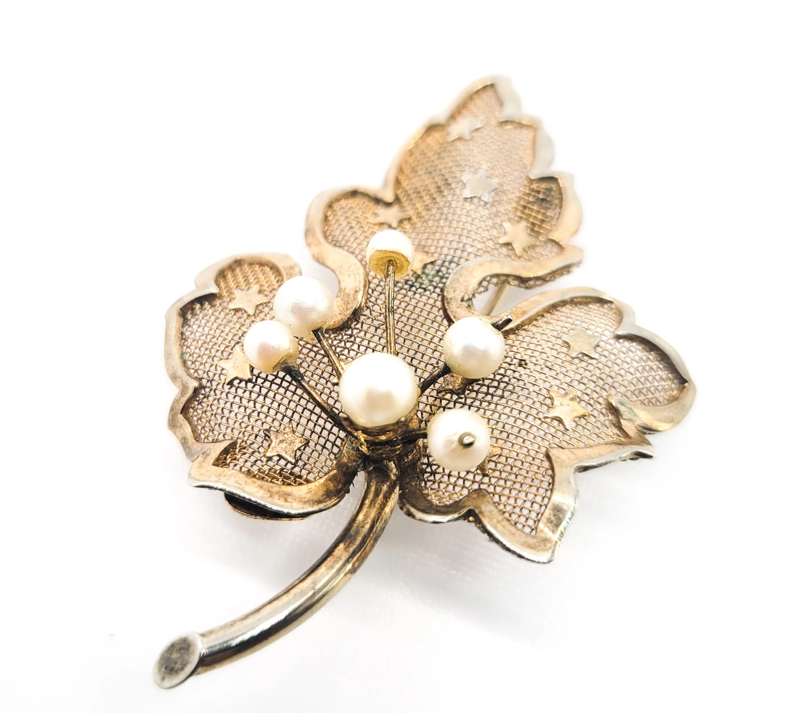 Star Studded faux pearl gold over sterling silver vintage autumn fall leaf brooch