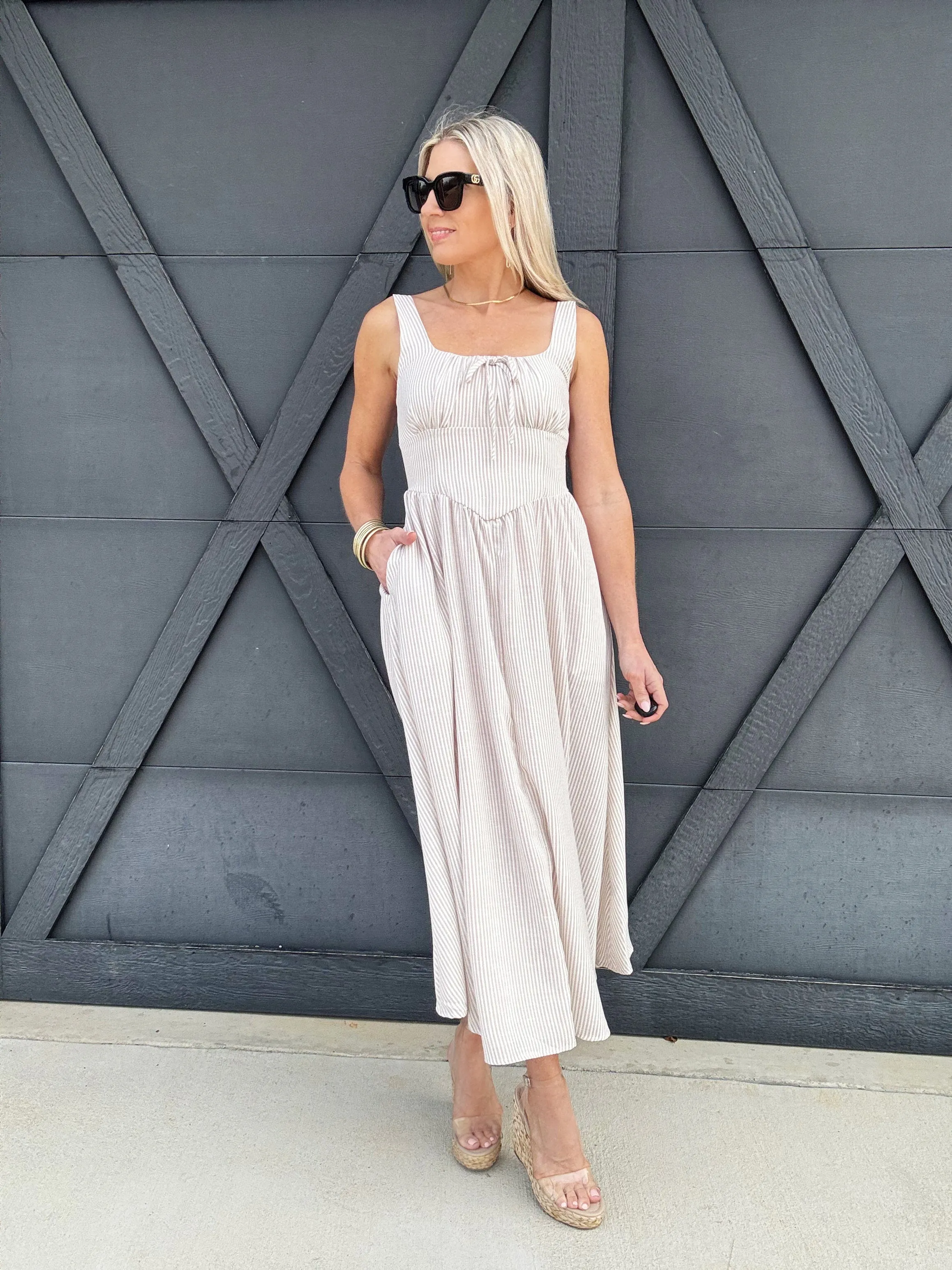 Stripe Corset Detail Midi Dress In Light Taupe