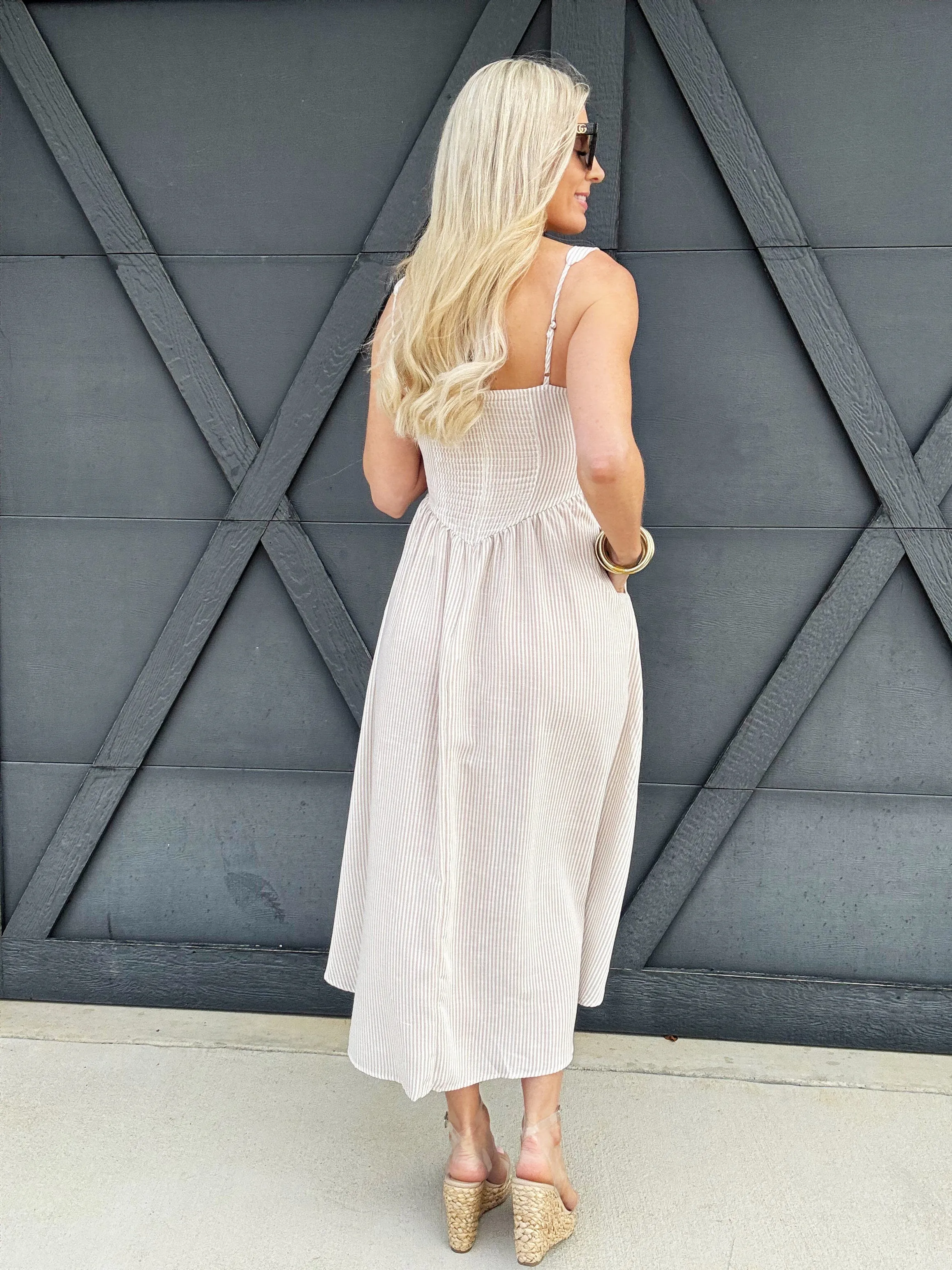 Stripe Corset Detail Midi Dress In Light Taupe