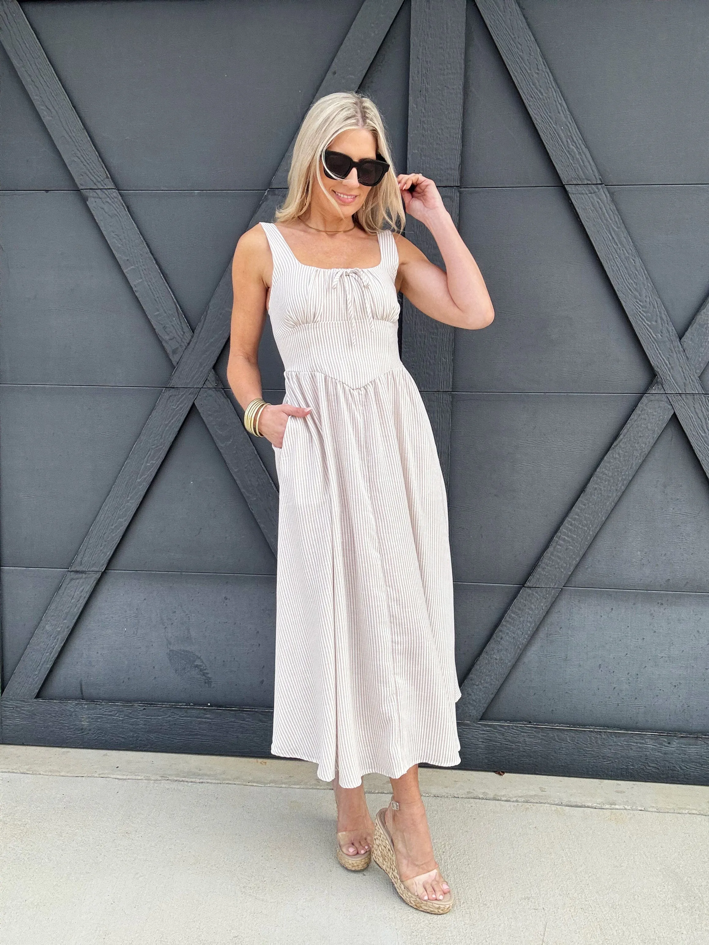 Stripe Corset Detail Midi Dress In Light Taupe