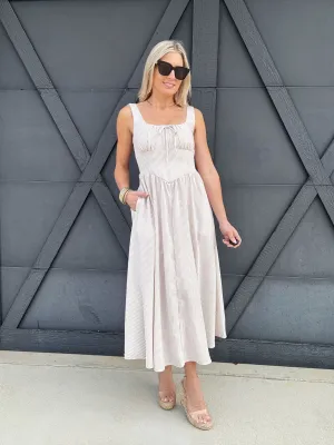 Stripe Corset Detail Midi Dress In Light Taupe