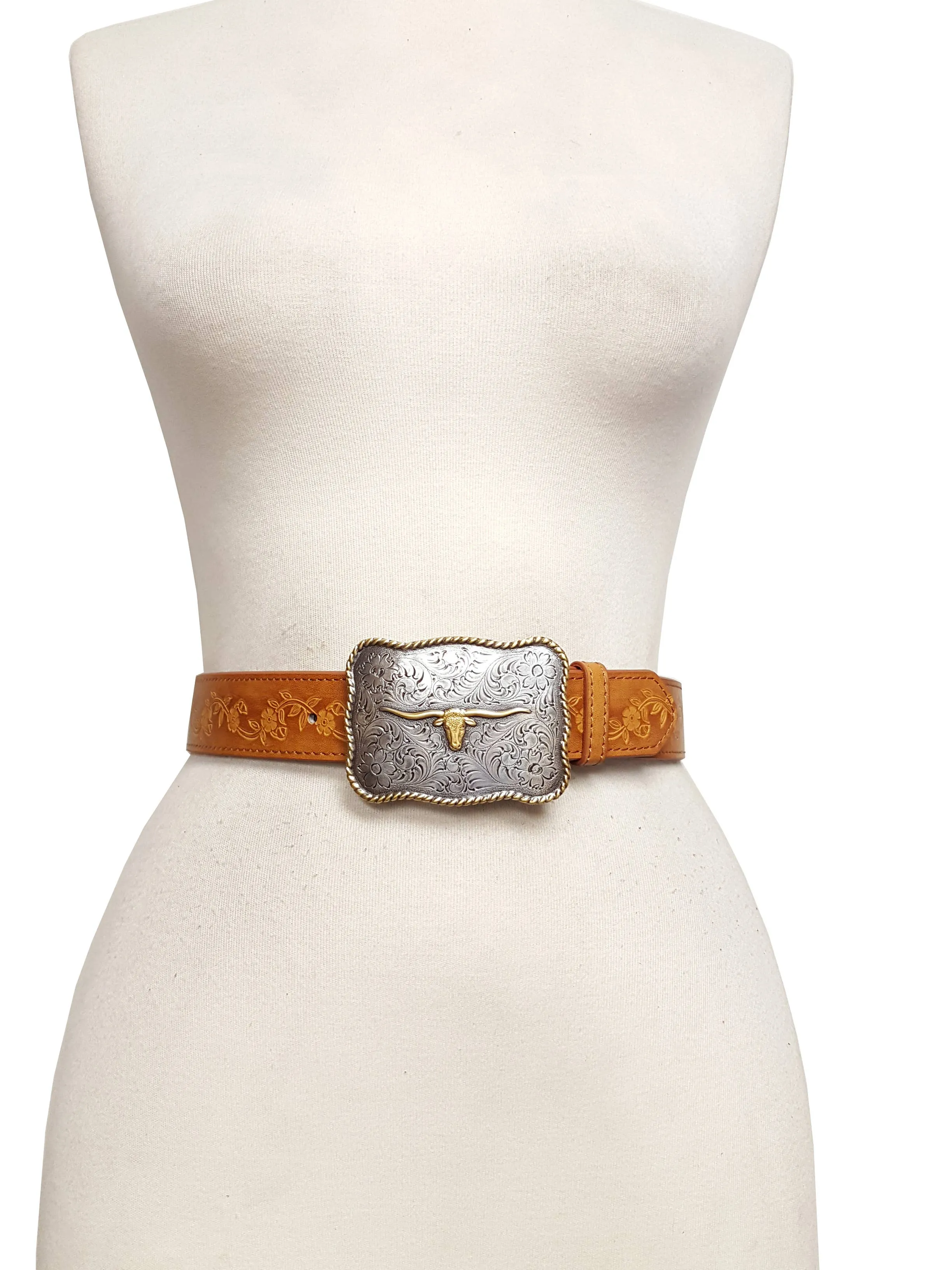 Tan Long Horn Buckle with Vintage floral tooled belt