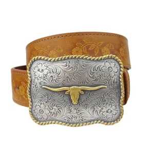 Tan Long Horn Buckle with Vintage floral tooled belt