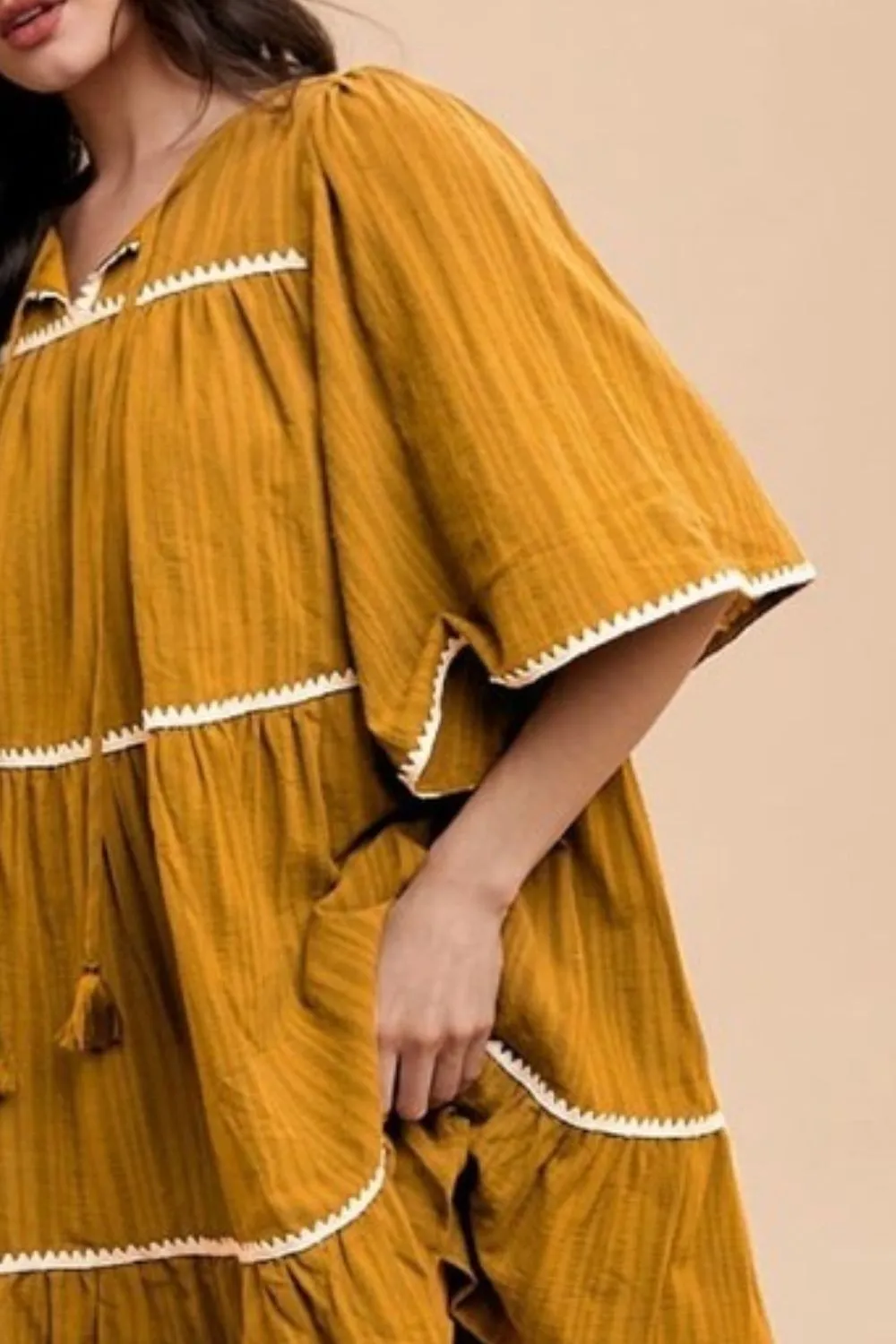 Tassel Contrast Trim Tie Neck Half Sleeve Tiered Dress