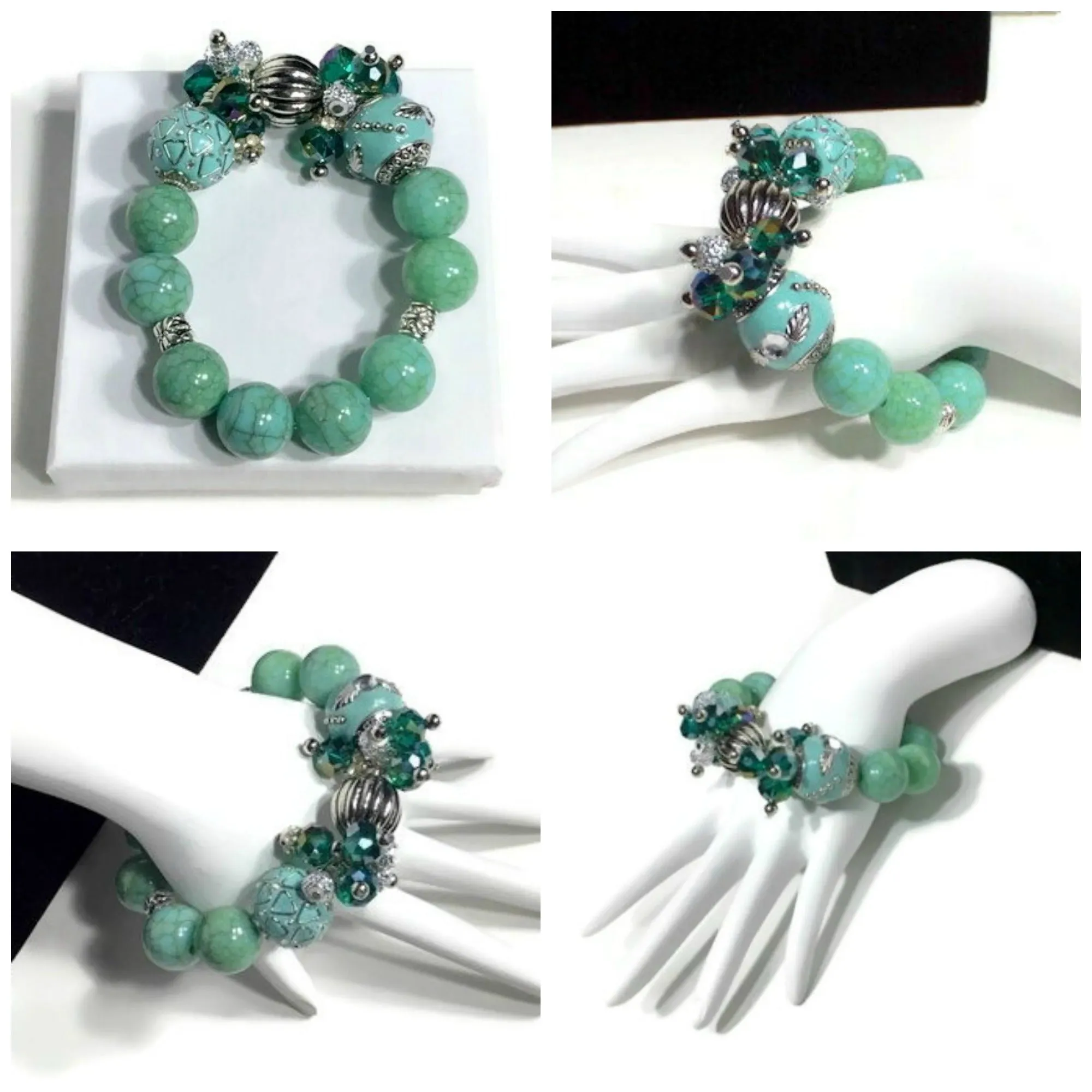The green mint cluster stretch bracelet, woman's size, holiday gift, give handmade, for her