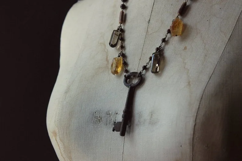 The Return to Ravenbough. Storyteller Series. Rustic Skeleton Key & Hand-beaded Gemstone Necklace.