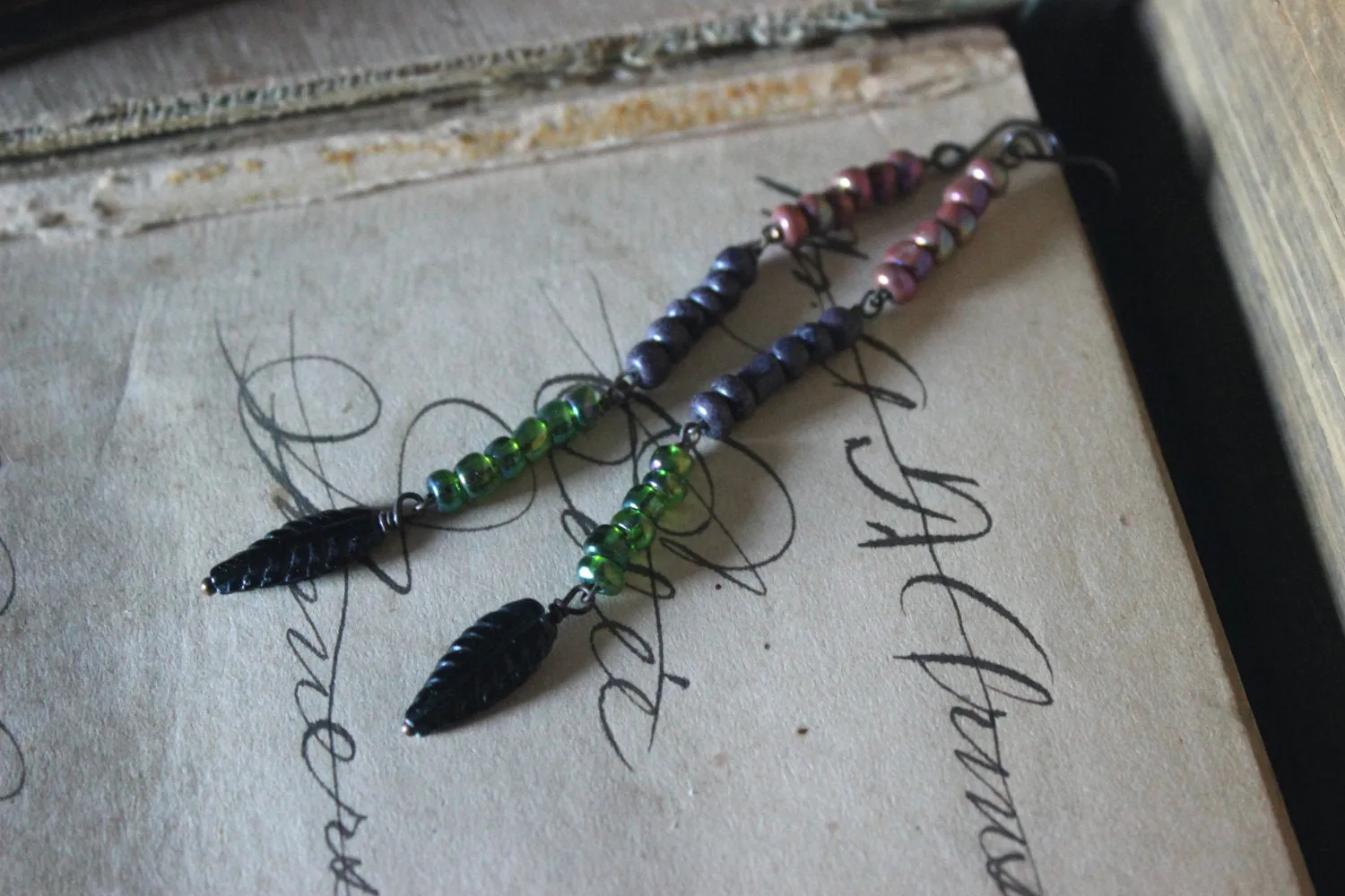 The Sacred Grove. Storyteller Series. Hand-beaded Linear Drop Earrings.