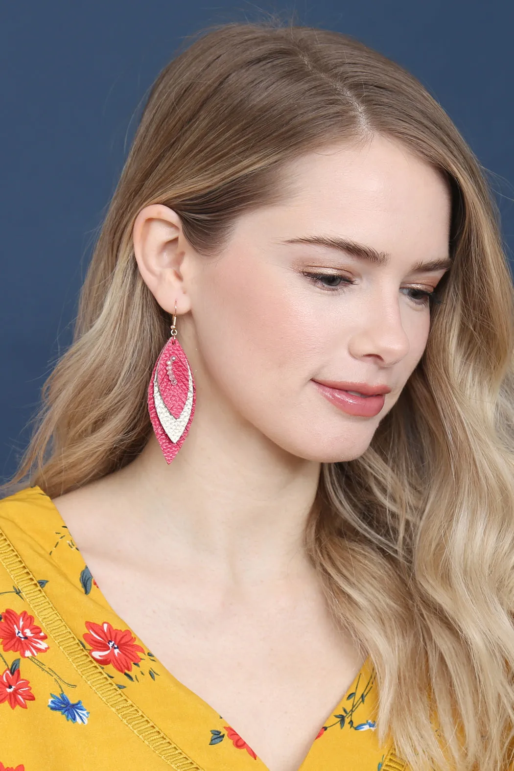 THREE LAYER FRINGE LEATHER MARQUISE EARRINGS