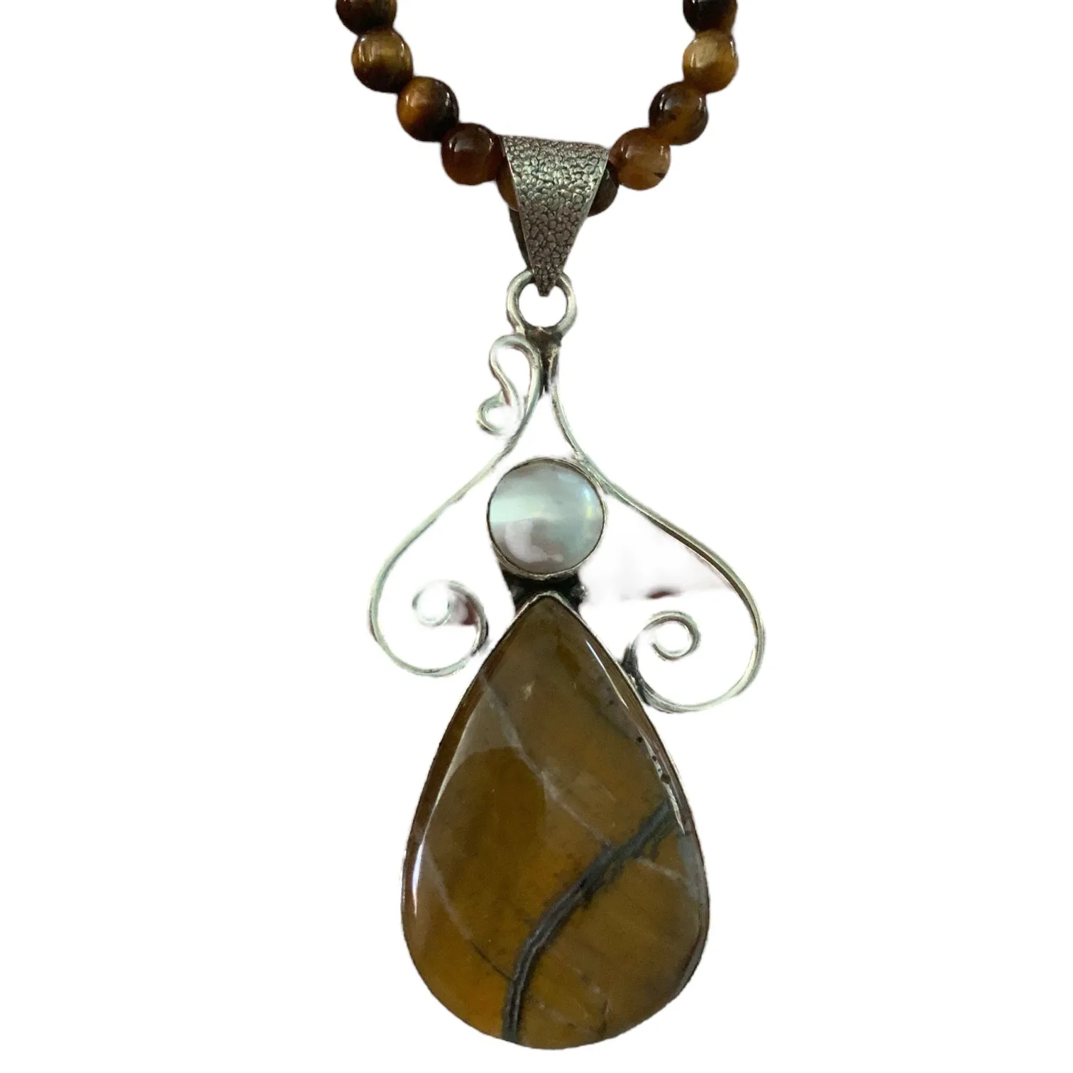 Tigers Eye & Pearl Solid 925 Sterling Silver Pendant Necklace